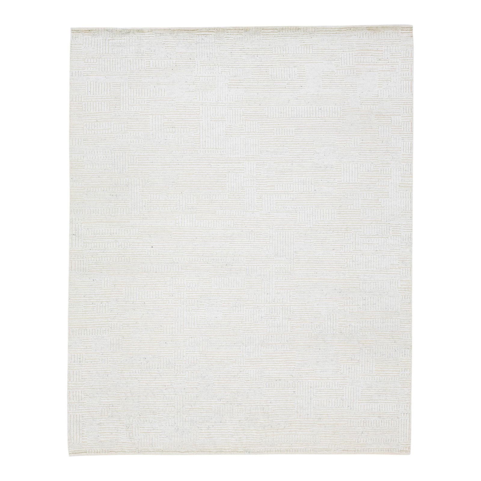 Ivory Moroccan Style Wool Rug 8' x 10' Geometric Design: Ivory Moroccan Style Wool Rug 8' x 10' Geometric Design This exquisite hand-knotted wool rug features a modern Moroccan-inspired design that beautifully blends understated natural ivory hues with a st