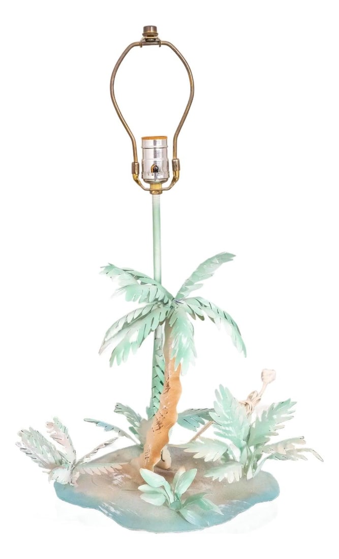 Vintage Tole Palm Tree Island Table Lamp Green Decor: Vintage Tole Palm Tree Island Table Lamp Green Decor Illuminate your space with this charming Vintage Metal Tole Palm Tree Island Table Lamp, featuring highly decorative green palm trees set on a smal