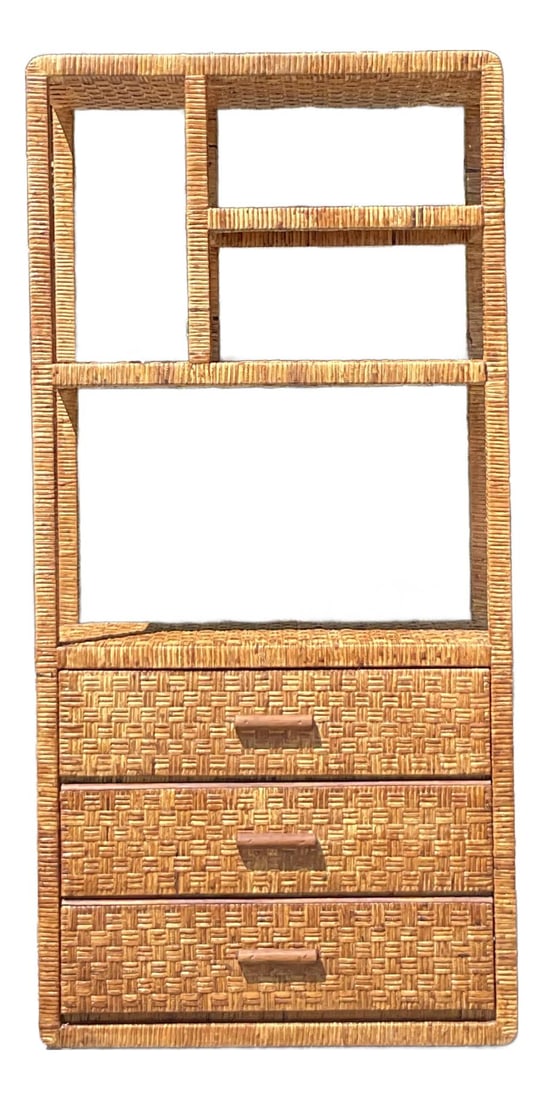 Vintage Coastal Woven Rattan Etagere 72 Inch Charm: Vintage Coastal Woven Rattan Etagere 72 Inch Charm Enhance your interior with the Vintage Coastal Woven Rattan Etagere, a beautifully handcrafted piece that brings natural texture and coastal charm to