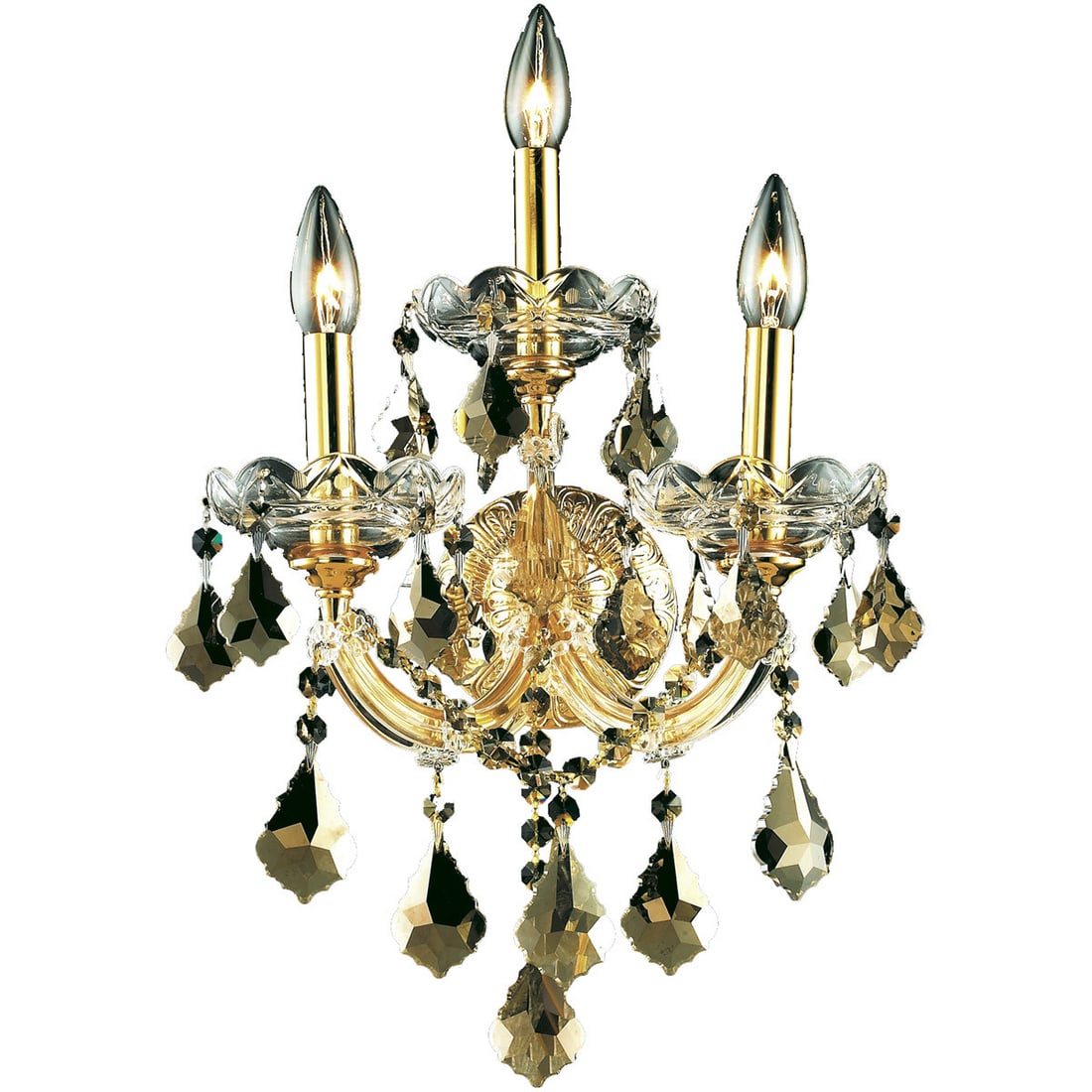 Maria Theresa 3-Light Crystal Wall Sconce Gold Finish 22 Inch Royal Cut Golden Teak: Maria Theresa 3-Light Crystal Wall Sconce Gold Finish 22 Inch Royal Cut Golden Teak This Maria Theresa 3-light wall sconce features a gold frame with Royal Cut golden teak (smoky) crystal accents. Des