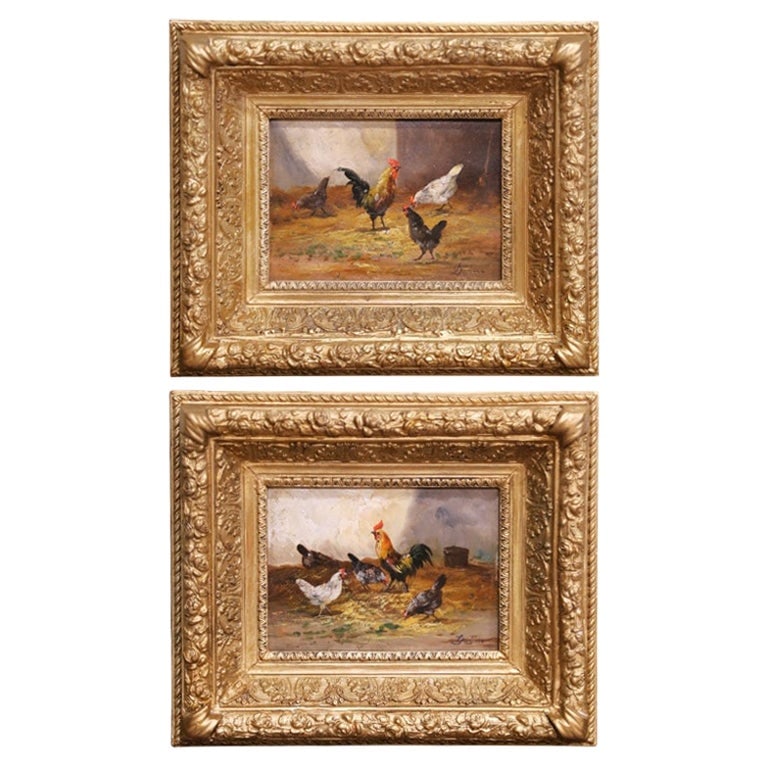 Set of Two Belgian Pendant Barnyard Paintings Attributed to Louis Dubois: Set of Two Belgian Pendant Barnyard Paintings Attributed to Louis Dubois This pair of mid-19th century Belgian pendant paintings, attributed to Louis Dubois, features animated barnyard scenes of roost