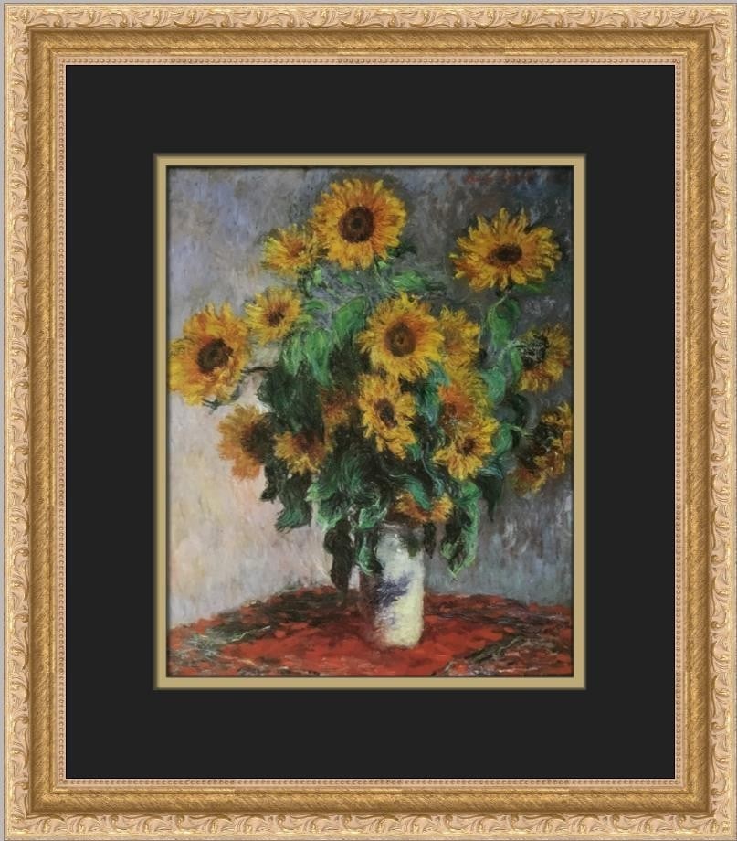 Claude Monet Vase of Sunflowers Custom Framed Art Print: Claude Monet Vase of Sunflowers Custom Framed Art Print This exquisite custom framed print features Claude Monet's iconic work, "Vase of Sunflowers." Measuring 15" x 14" overall, it is beautifully dou