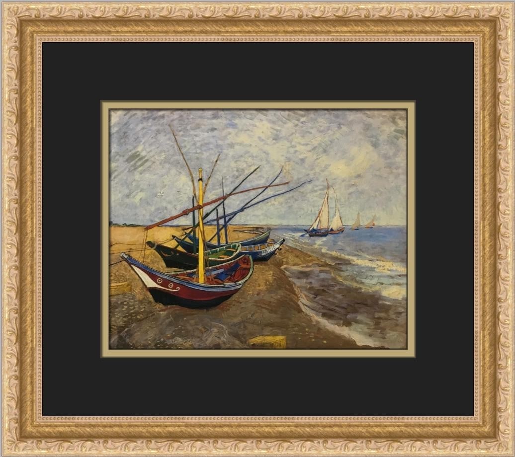 Vincent Van Gogh Fishing Boats on a Beach Custom Framed Print 14 x 15: Vincent Van Gogh Fishing Boats on a Beach Custom Framed Print 14 x 15 This stunning custom framed print features Vincent van Gogh's iconic artwork, "Fishing Boats on a Beach". The print showcases a vi