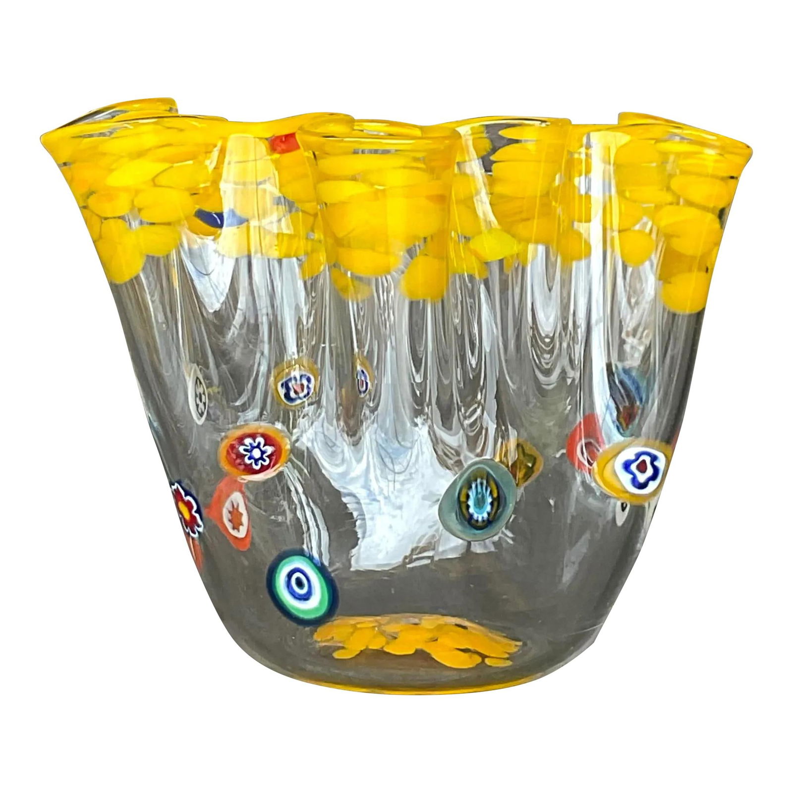 Vintage Boho Italian Ruffle Art Glass Vase Signed Canary Yellow: Vintage Boho Italian Ruffle Art Glass Vase Signed Canary Yellow This stunning vintage boho chic vase showcases a unique ruffle design, crafted from hand-blown Italian art glass. The vibrant canary yel