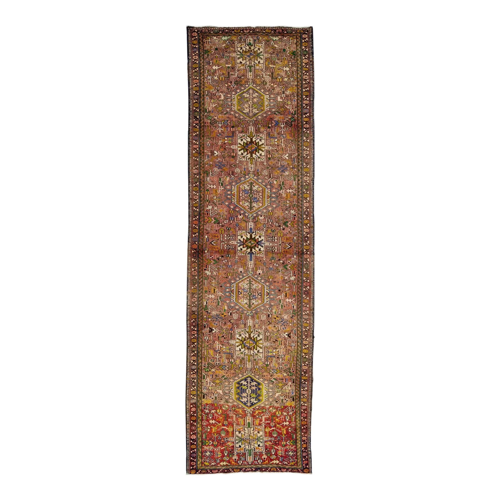 1960s Vintage Persian Heriz Hand-Knotted Wool Runner 3'8 x 12'9 Multicolor Design: 1960s Vintage Persian Heriz Hand-Knotted Wool Runner 3'8 x 12'9 Multicolor Design This stunning vintage Persian Heriz runner showcases a beautifully hand-knotted wool construction with a vibrant red a