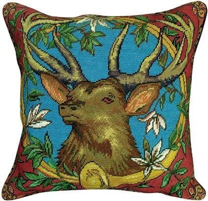 Rustic Elk Needlepoint Pillow 20x20 with Down Insert: Rustic Elk Needlepoint Pillow 20x20 with Down Insert Enhance your home decor with this Rustic Charm Elk Needlepoint Pillow featuring a beautiful elk horn design. Crafted in an Americana style, this un