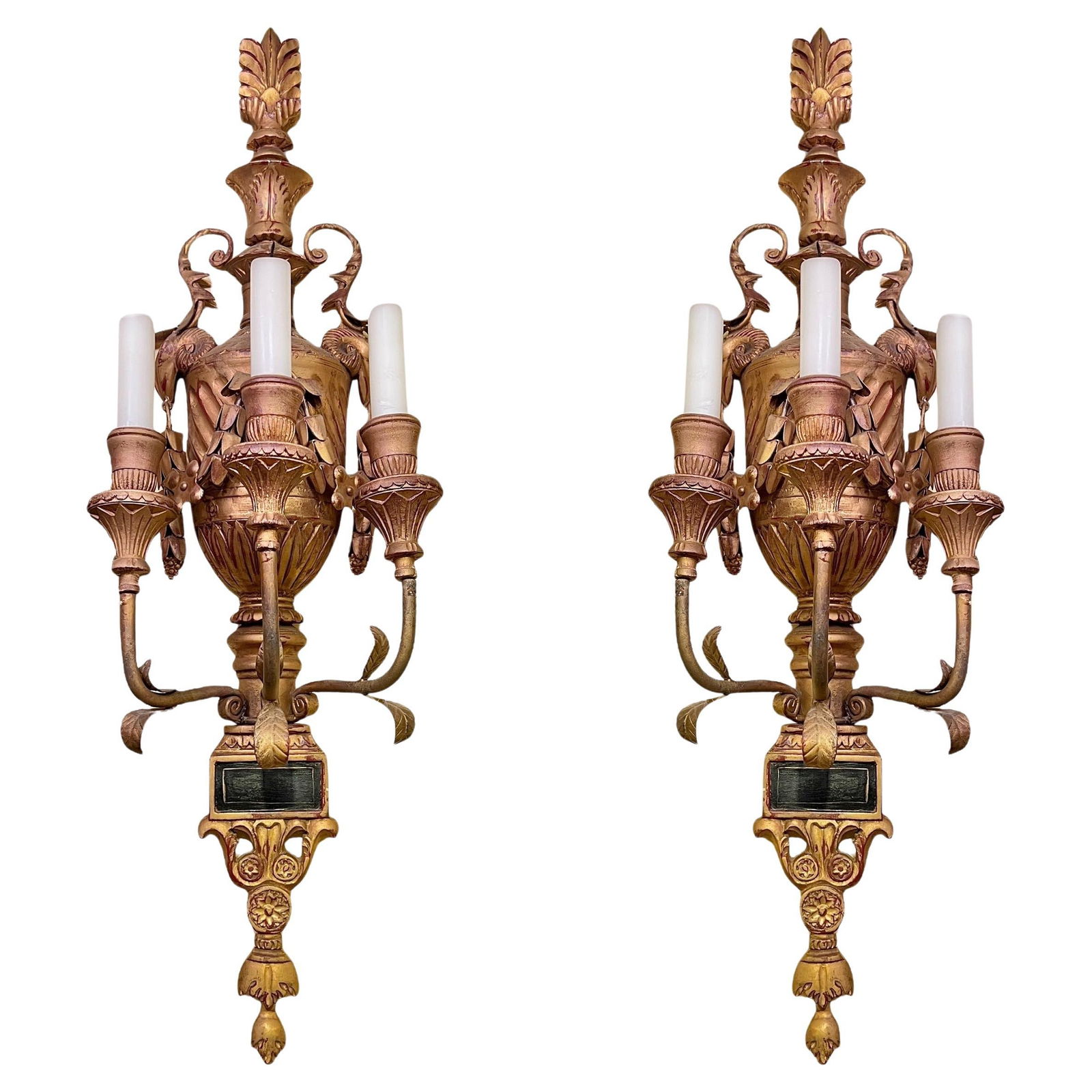 Set of 2 Neoclassical Gilt Wood Three-Light Wall Sconces Italian 19th Century (1 of 11)