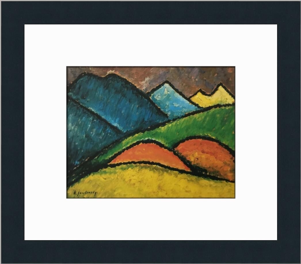 Alexej Jawlensky Mountain Custom Framed Offset Lithograph Print: Alexej Jawlensky Mountain Custom Framed Offset Lithograph Print This stunning custom framed print features the artwork 'Mountain' by renowned artist Alexej Jawlensky, capturing the essence of expressi