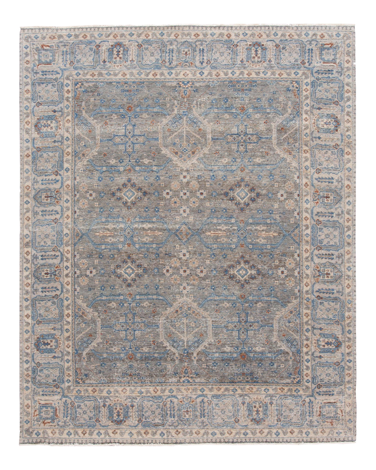 Contemporary Wilton Indian Wool Rug 7'10 x 9'9 Gray Geometric Design: Contemporary Wilton Indian Wool Rug 7'10 x 9'9 Gray Geometric Design Enhance your living space with this exquisite hand-knotted Indian wool rug, characterized by a modern design featuring a gray field