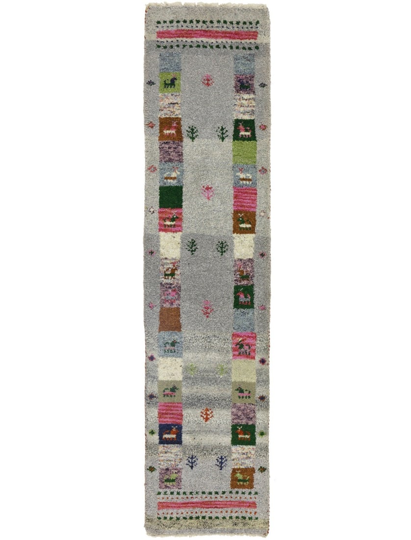 Hand-Knotted Wool Runner Indo-Gabbeh Modern Tribal Pictorial 1'5 x 5'10 Rug: Hand-Knotted Wool Runner Indo-Gabbeh Modern Tribal Pictorial 1'5 x 5'10 Rug This rare handmade Indo-Gabbeh runner rug features a modern tribal design with a pictorial pattern in shades of gray, green,