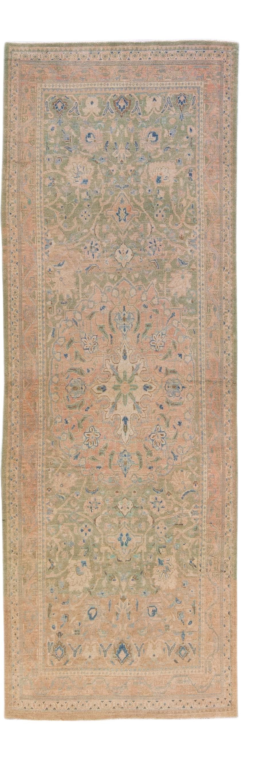 Vintage Persian Mahal Peach Medallion Handmade Wool Runner 4'5 x 13: Vintage Persian Mahal Peach Medallion Handmade Wool Runner 4'5 x 13 Enhance your space with this stunning vintage Persian Mahal handmade wool runner. Featuring a beautiful peach field, this rug showca