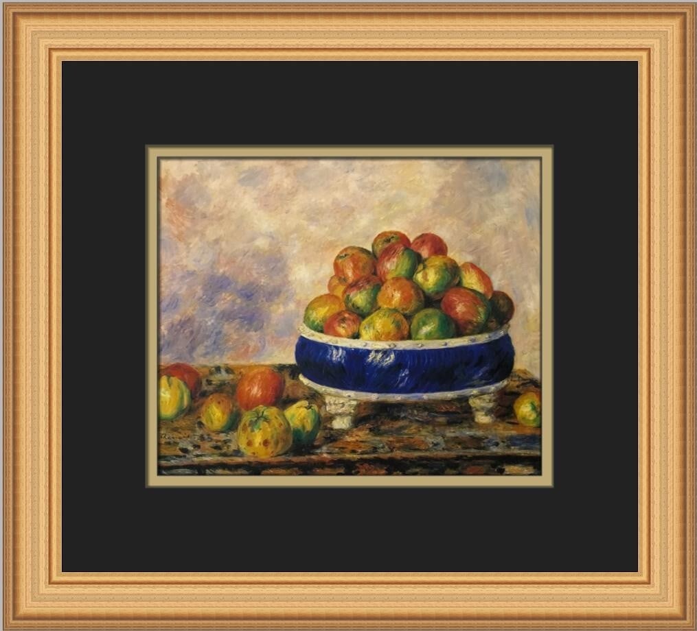 Renoir Apples in a Dish Custom Framed 1984 Impressionist Print: Renoir Apples in a Dish Custom Framed 1984 Impressionist Print This exquisite custom framed print features "Apples in a Dish" by renowned artist Pierre-Auguste Renoir, a stunning example of Impression