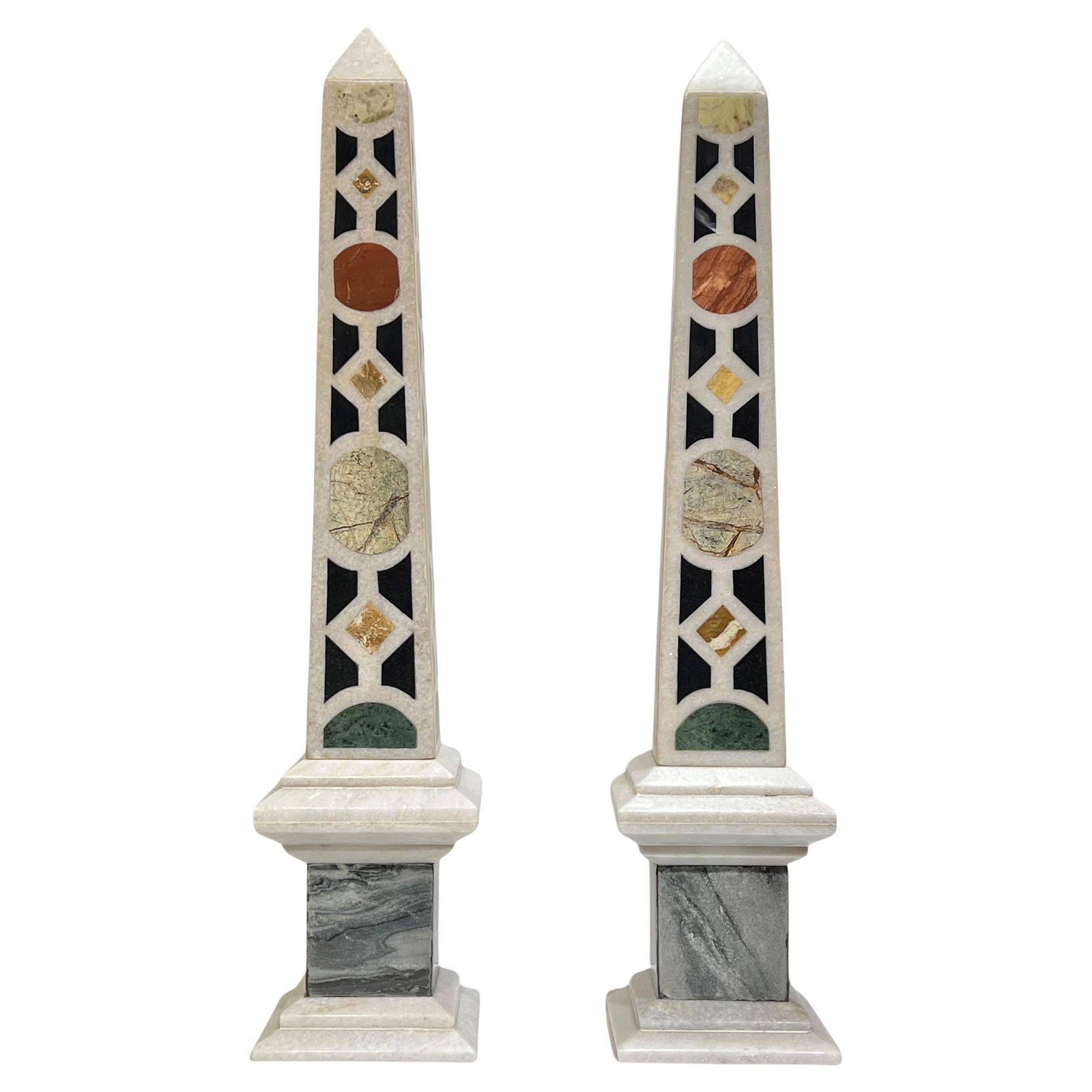 Set of 2 Italian Marble Inlaid Obelisks 23 Inch Tall: Set of 2 Italian Marble Inlaid Obelisks 23 Inch Tall This set includes two Italian specimen marble obelisks, each featuring intricate inlay work. The obelisks, crafted in the 20th century, showcase th