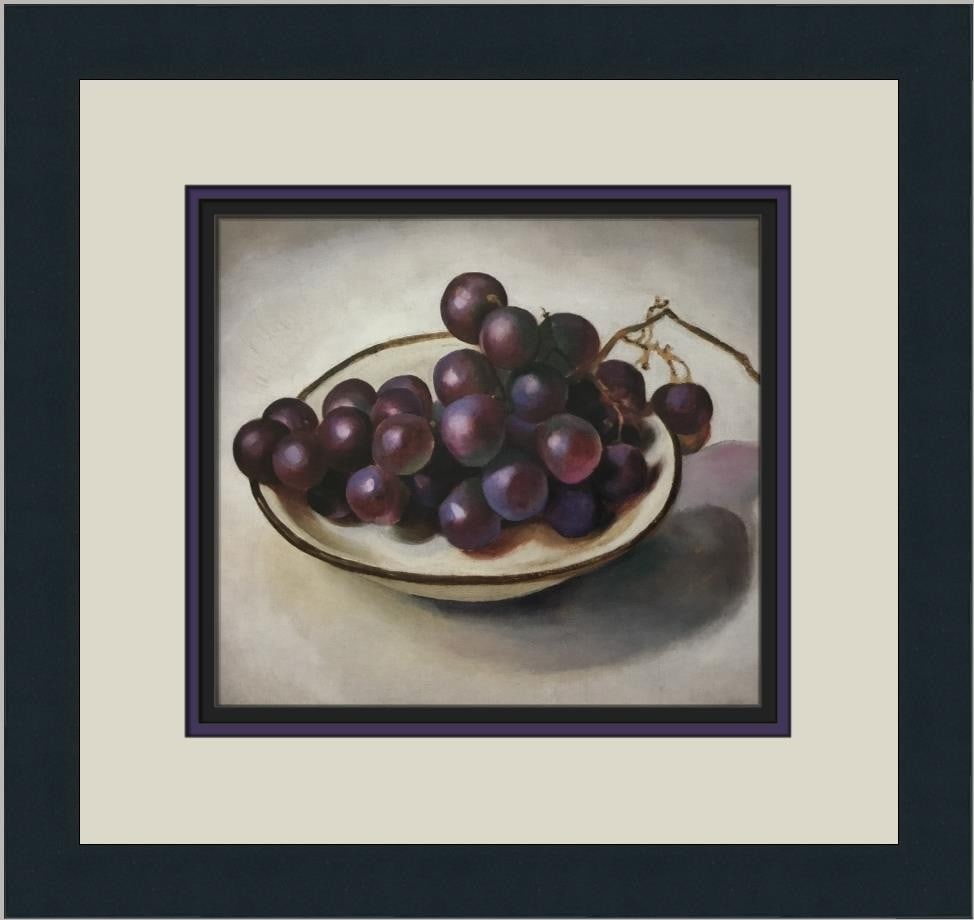 Georgia O'Keeffe Grapes on White Dish Custom Framed Art Print: Georgia O'Keeffe Grapes on White Dish Custom Framed Art Print This stunning custom framed print features Georgia O'Keeffe's iconic artwork titled "Grapes on White Dish," created in 1982. The print sho