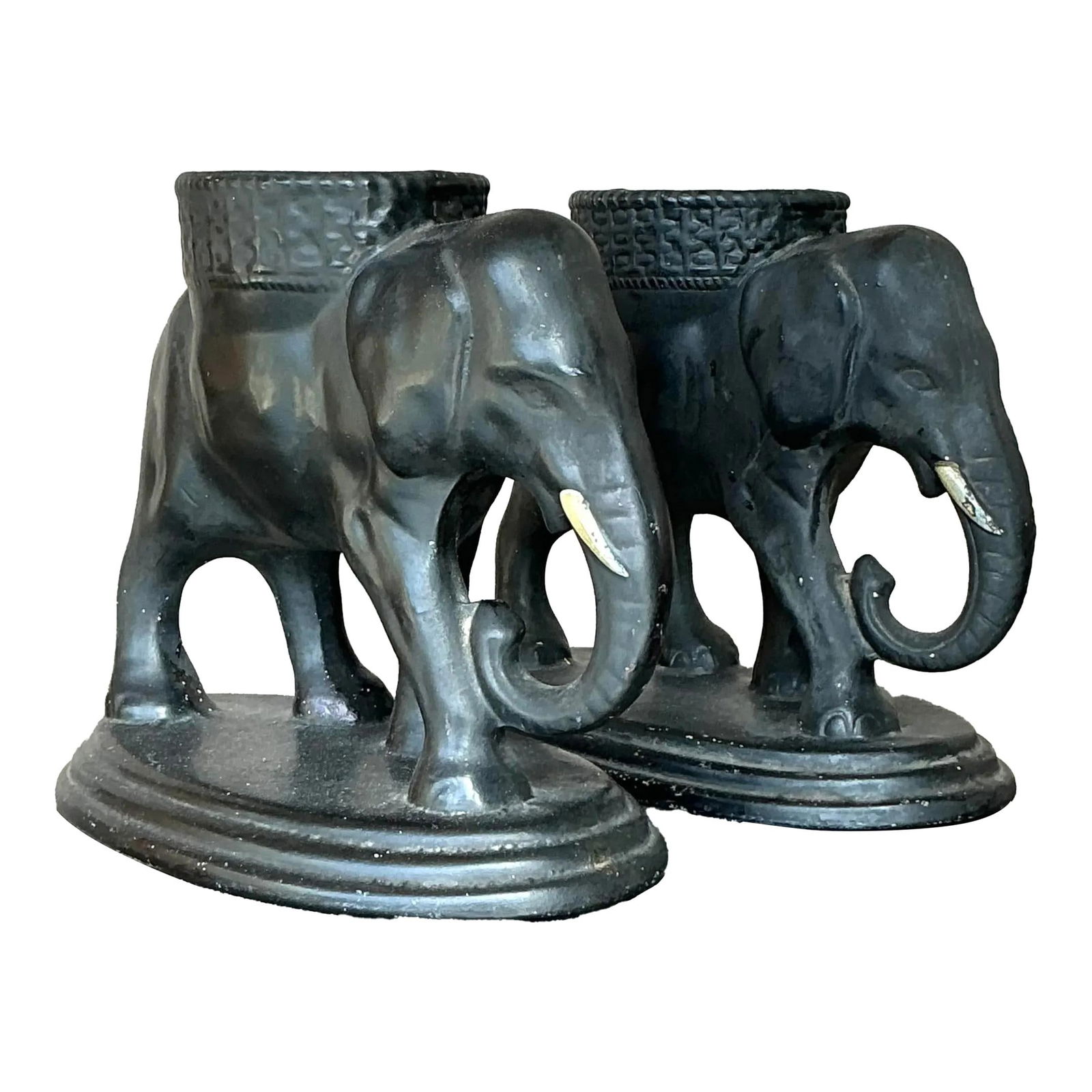 Vintage Boho Ceramic Elephant Sculptures Set of 2 Matte Black: Vintage Boho Ceramic Elephant Sculptures Set of 2 Matte Black Enhance your decor with this exquisite set of two vintage boho-style ceramic elephant sculptures. Crafted with a sophisticated matte black