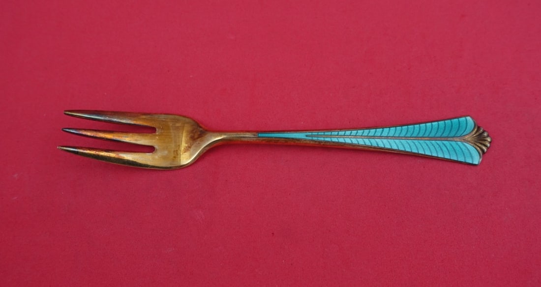Teal Enamel 830 Silver Pastry Fork Town Hall Pattern by David Andersen 5 3/4" (1 of 2)