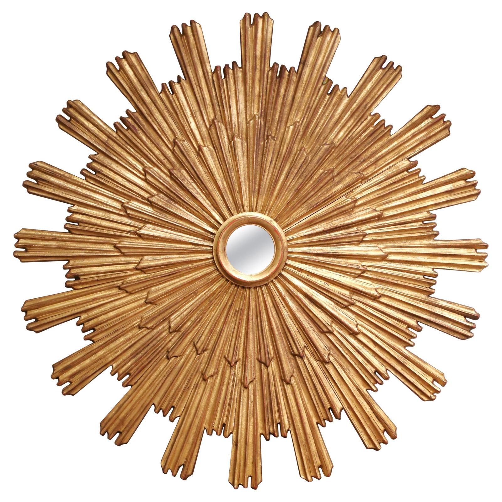 Impressive Vintage Italian Giltwood Sunburst Mirror 62.5 Inch: Impressive Vintage Italian Giltwood Sunburst Mirror 62.5 Inch Enhance your living space with this stunning Large Vintage Italian Giltwood Sunburst Mirror. Hand-carved in Italy around 2010, this impres