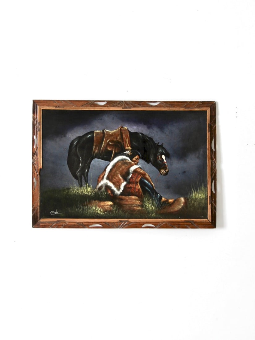 1970s Vintage Ortiz Velvet Painting Native American Horse Frame: 1970s Vintage Ortiz Velvet Painting Native American Horse Frame This stunning 1970s vintage Ortiz velvet painting features a richly toned depiction of a Native American man sitting beside his horse, b
