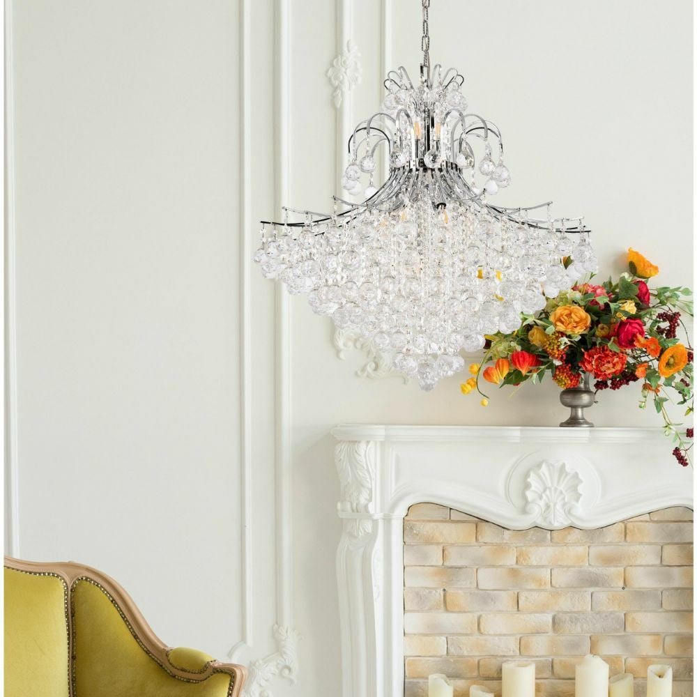 Toureg Royal Cut Crystal Empire Chandelier 15-Light 31in Chrome Hanging Fixture: Toureg Royal Cut Crystal Empire Chandelier 15-Light 31in Chrome Hanging Fixture This modern empire-style chandelier features a chrome frame adorned with royal cut crystal balls, offering a sophisticat