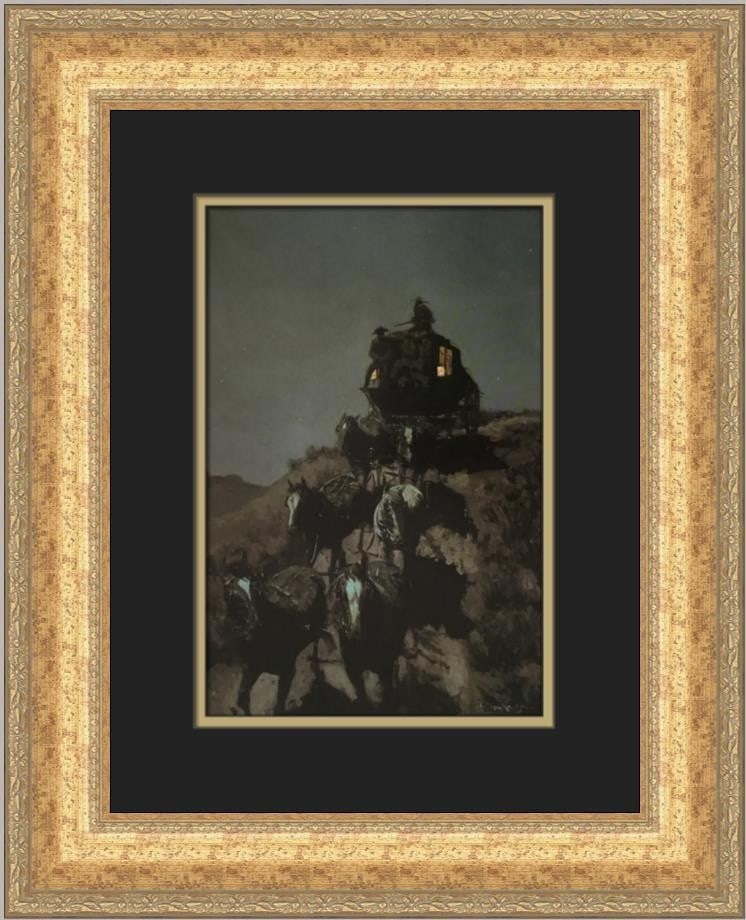 Framed Offset Print The Old Stage Coach of the Plains by Remington: Framed Offset Print The Old Stage Coach of the Plains by Remington This is a custom-framed open edition print of "The Old Stage Coach of the Plains" by Frederic Remington. Produced in 1987, this offse
