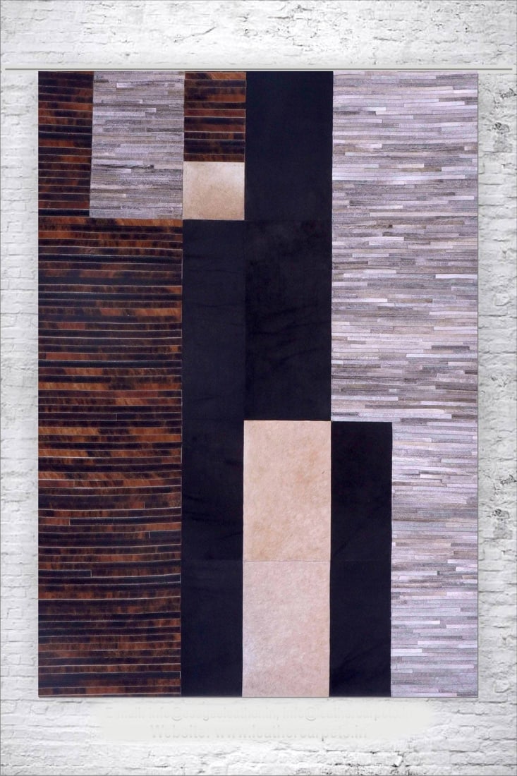 Modern Abstract Geometric Hand-Stitched Genuine Leather Patchwork Area Carpet: Modern Abstract Geometric Hand-Stitched Genuine Leather Patchwork Area Carpet Free continental US Shipping This modern area carpet is crafted from genuine leather and features a hand-stitched patchwor
