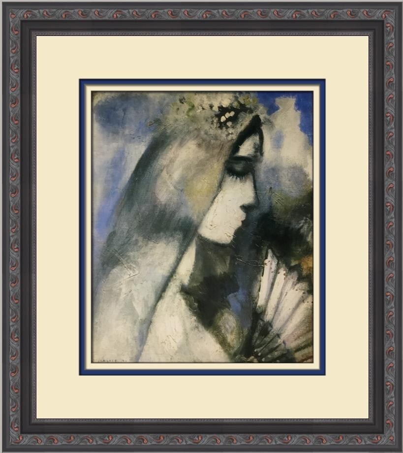 Marc Chagall Bride with Fan Custom Framed Art Print 1973: Marc Chagall Bride with Fan Custom Framed Art Print 1973 This exquisite custom framed print titled 'Bride with Fan' by renowned artist Marc Chagall showcases a captivating blend of Cubism, Expressioni