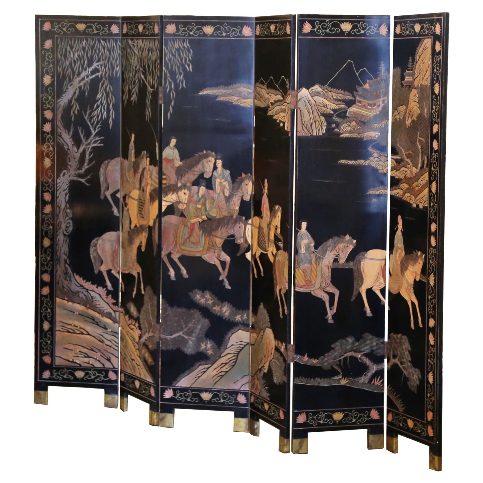 Six-Panel Chinese Lacquered Screen with Inlaid Horse Motif Early 20th Century (1 of 12)