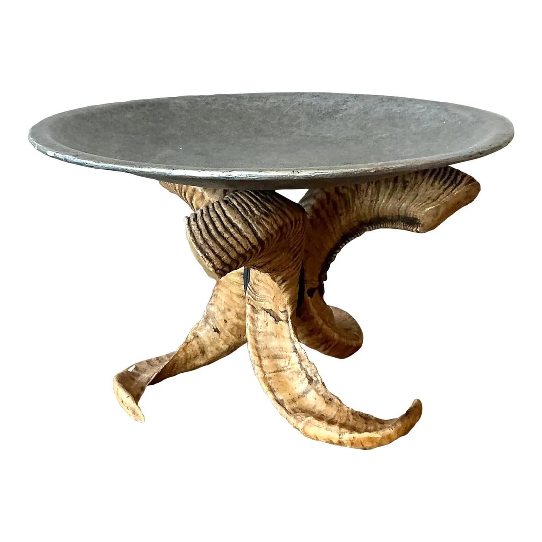 Tripod Faux Ram Horn Resin and Metal Tray in Maitland Smith Style: Tripod Faux Ram Horn Resin and Metal Tray in Maitland Smith Style This vintage tripod tray embodies the 1970s Safari Chic style with a sculptural base inspired by Maitland Smith. The base features thr