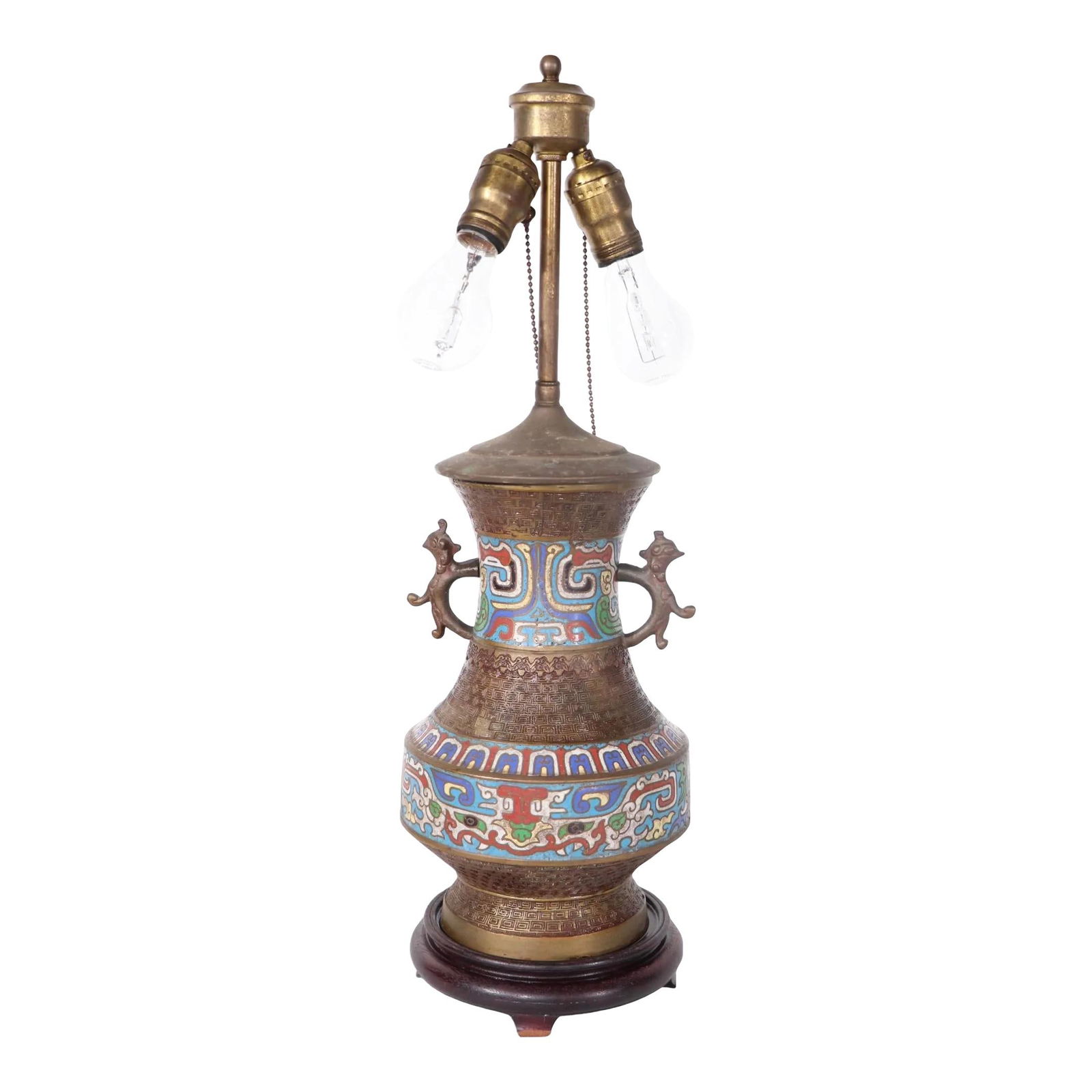Vintage Brass Champleve Oriental Table Lamp with Wood Base (1 of 10)