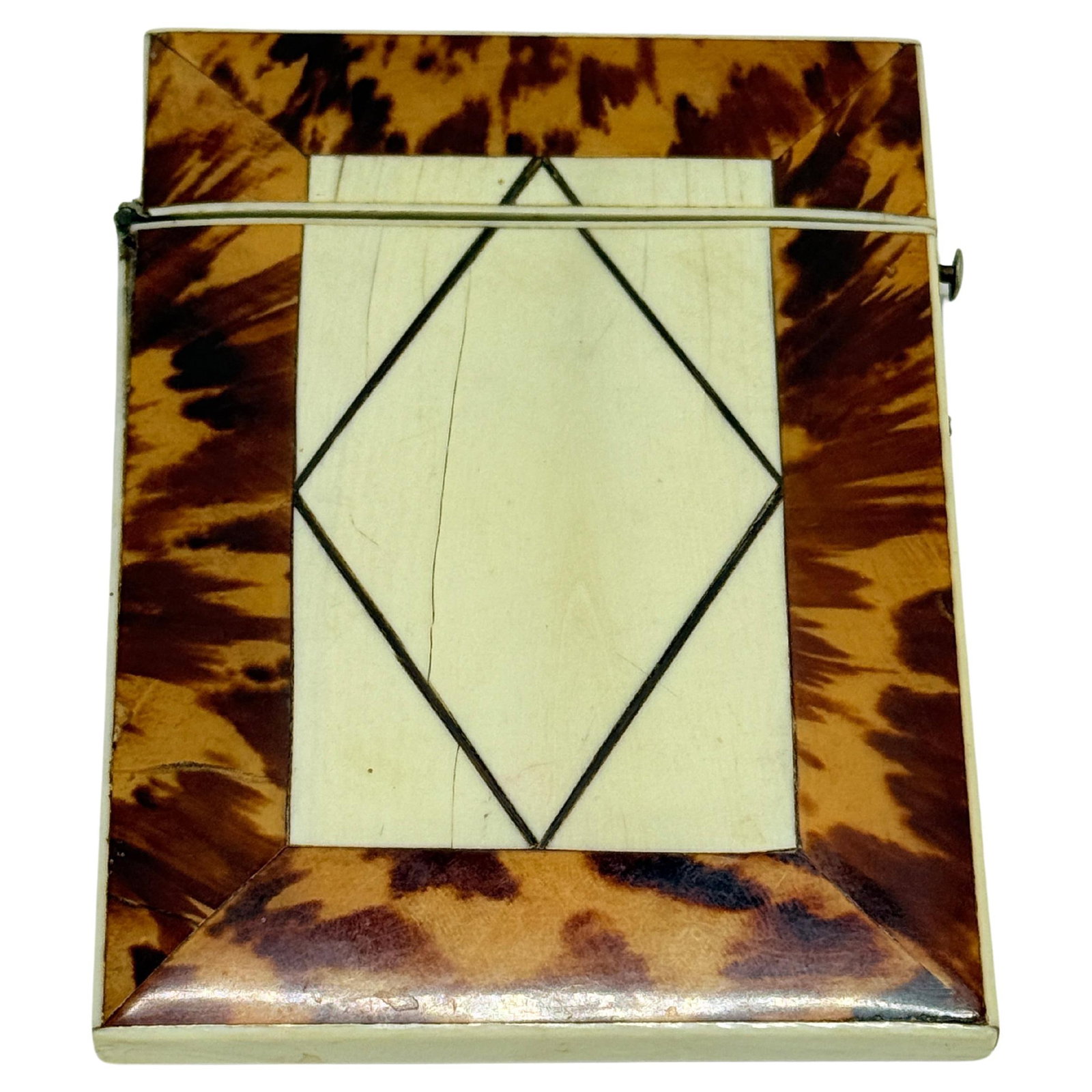Faux Tortoiseshell and Bone Regency Geometric Card Case Circa 1830: Faux Tortoiseshell and Bone Regency Geometric Card Case Circa 1830 This early 19th-century Anglo-European card case features a rectilinear, folding design with an exterior veneered in richly patterned