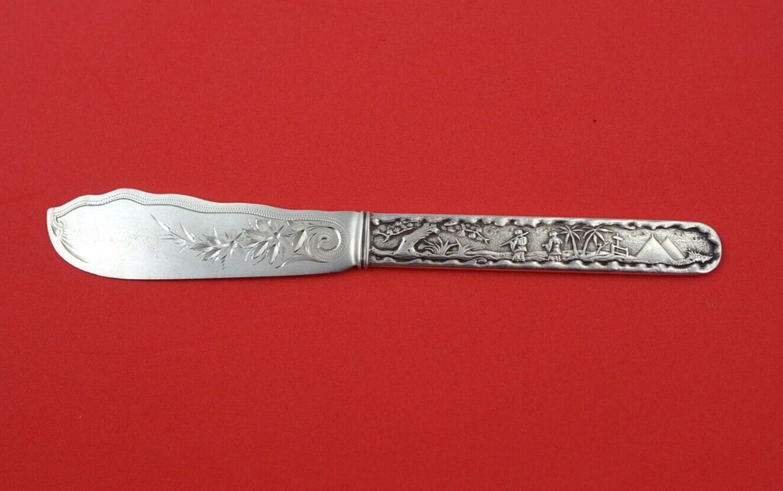 Gorham Sterling Silver Fish Knife 6 1/4" Monogrammed Bright Cut Japanese Scenes: Gorham Sterling Silver Fish Knife 6 1/4" Monogrammed Bright Cut Japanese Scenes This exquisite fish knife by Gorham is crafted from high-quality sterling silver, showcasing intricate bright cut detail