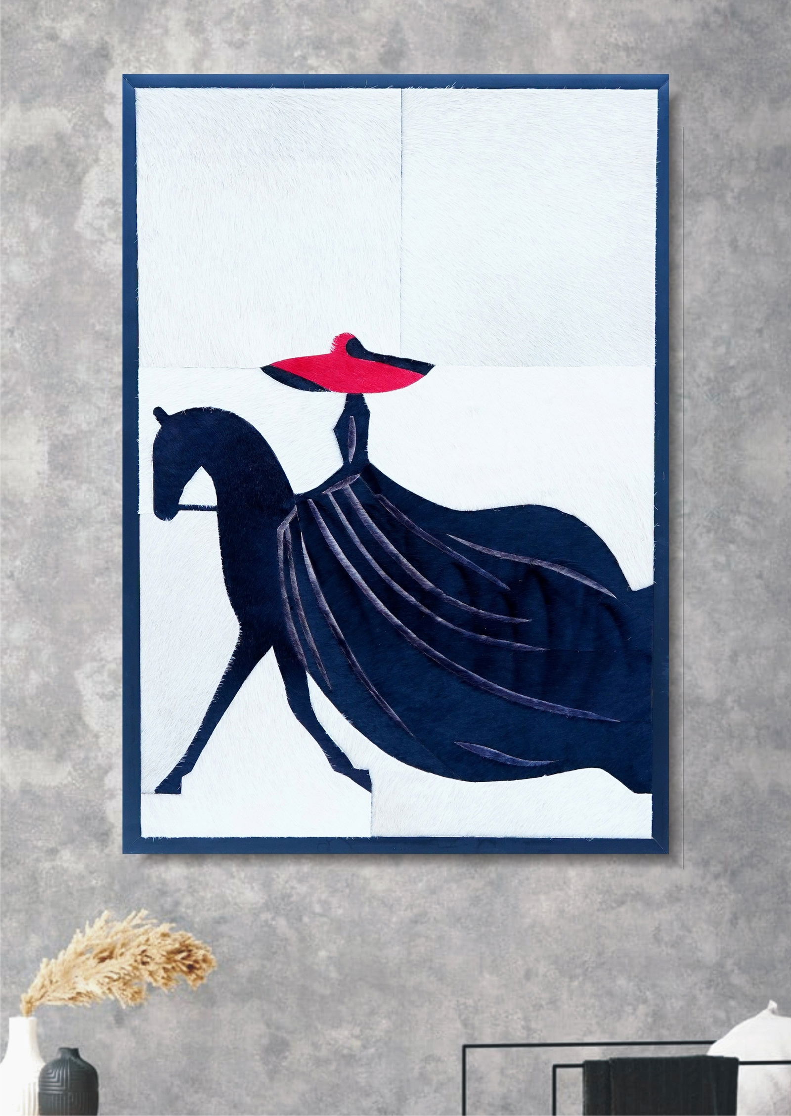 Handcrafted Cowhide Equestrian Mosaic Wall Art Lady on Horseback 12x12: Handcrafted Cowhide Equestrian Mosaic Wall Art Lady on Horseback 12x12 Free continental US Shipping This handcrafted wall art features a minimalist silhouette of a lady on horseback, created from prec