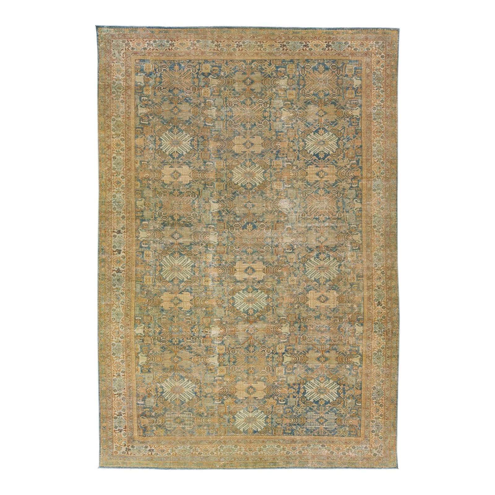 Antique Persian Mahal Wool Rug 10'2 x 14'9 Floral Design Blue Orange: Antique Persian Mahal Wool Rug 10'2 x 14'9 Floral Design Blue Orange Discover the exquisite craftsmanship of this Antique Mahal rug, meticulously hand-knotted from premium wool. Featuring a captivatin