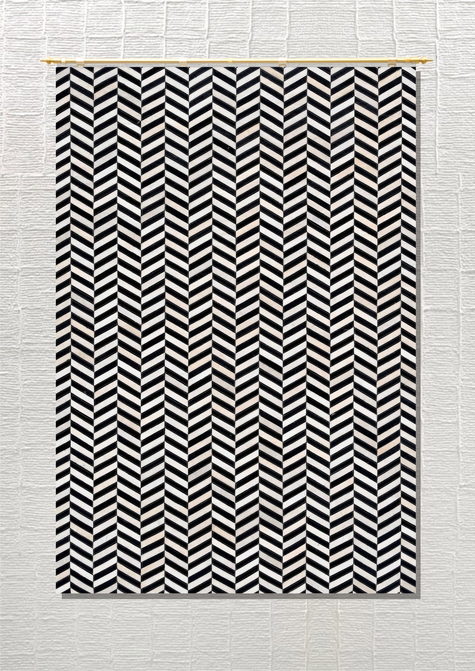 Handmade Monochrome Chevron Herringbone Cowhide Leather Area Rug 3ft x 5ft: Handmade Monochrome Chevron Herringbone Cowhide Leather Area Rug 3ft x 5ft Free continental US Shipping This handmade area rug features a striking monochrome chevron and herringbone patchwork design,