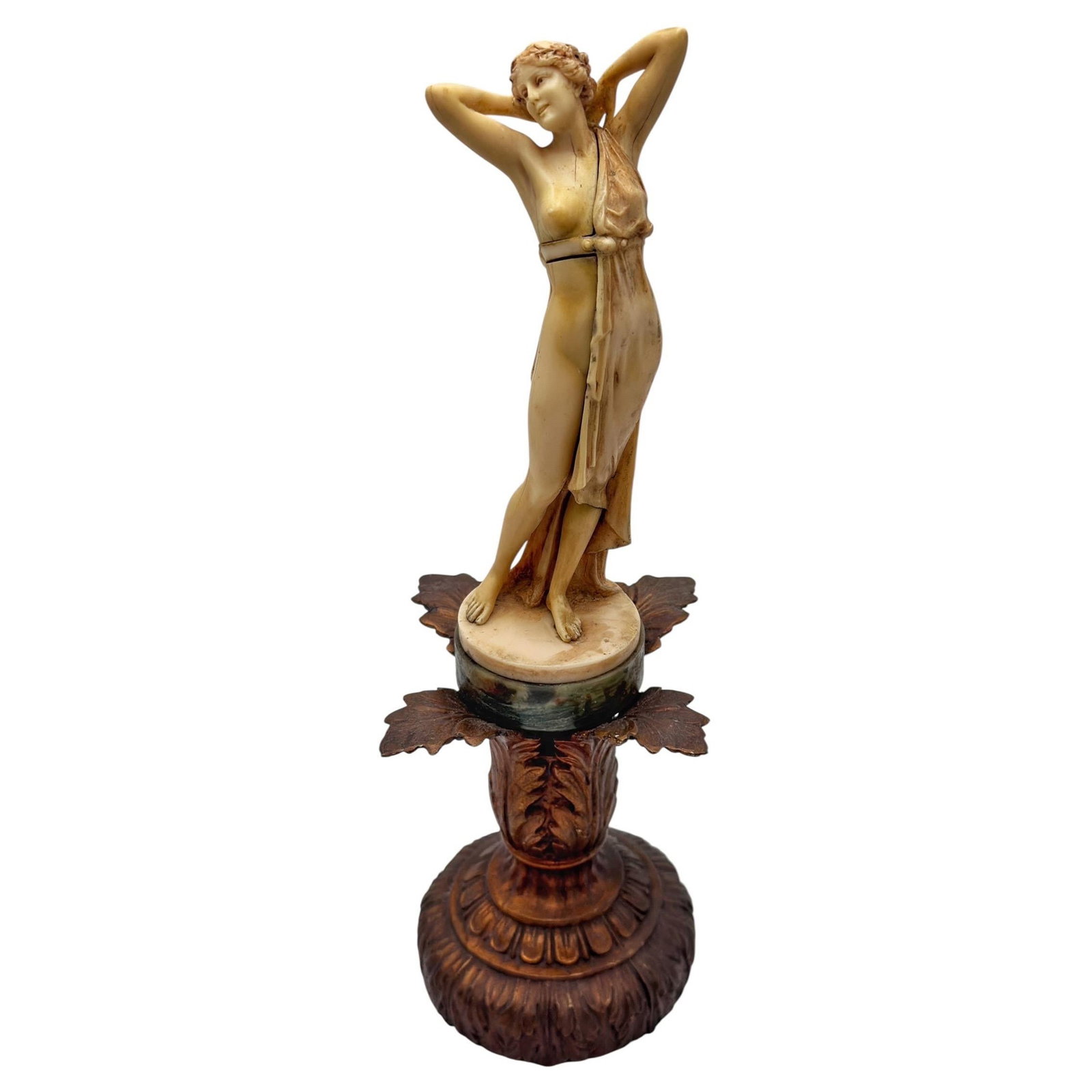 Art Deco Female Nude Ivorine Sculpture After Ferdinand Preiss Circa 1925: Art Deco Female Nude Ivorine Sculpture After Ferdinand Preiss Circa 1925 This Art Deco figural sculpture, created circa 1925 after the works of Ferdinand Preiss, features a standing female nude with f