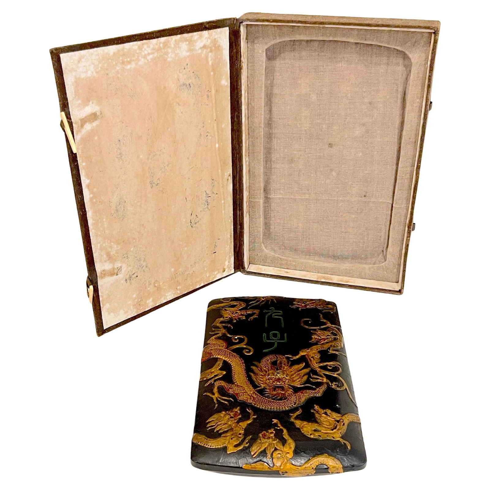 19th Century Chinese Lacquered Polychrome Scholar Block with Custom Box: 19th Century Chinese Lacquered Polychrome Scholar Block with Custom Box This exquisite 19th-century Chinese lacquered and polychromed scholar block/paperweight is a stunning piece of decorative art. C