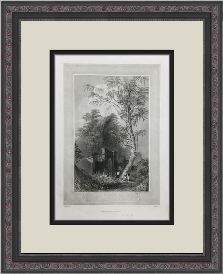 George Washington Tomb Etching 1800s Custom Framed Art: George Washington Tomb Etching 1800s Custom Framed Art This original etching of George Washington's Tomb, created in the 1800s, captures a significant piece of American history. The artwork is framed