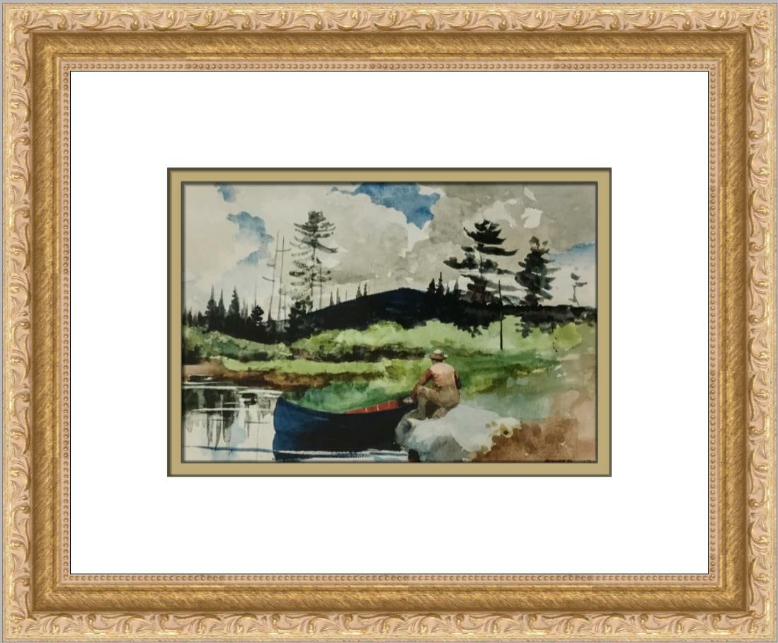 Winslow Homer Adirondaks Man and Canoe Custom Framed Art Print: Winslow Homer Adirondaks Man and Canoe Custom Framed Art Print This stunning print features Winslow Homer's "Adirondaks, Man and Canoe," beautifully custom framed to enhance its artistic appeal. The p