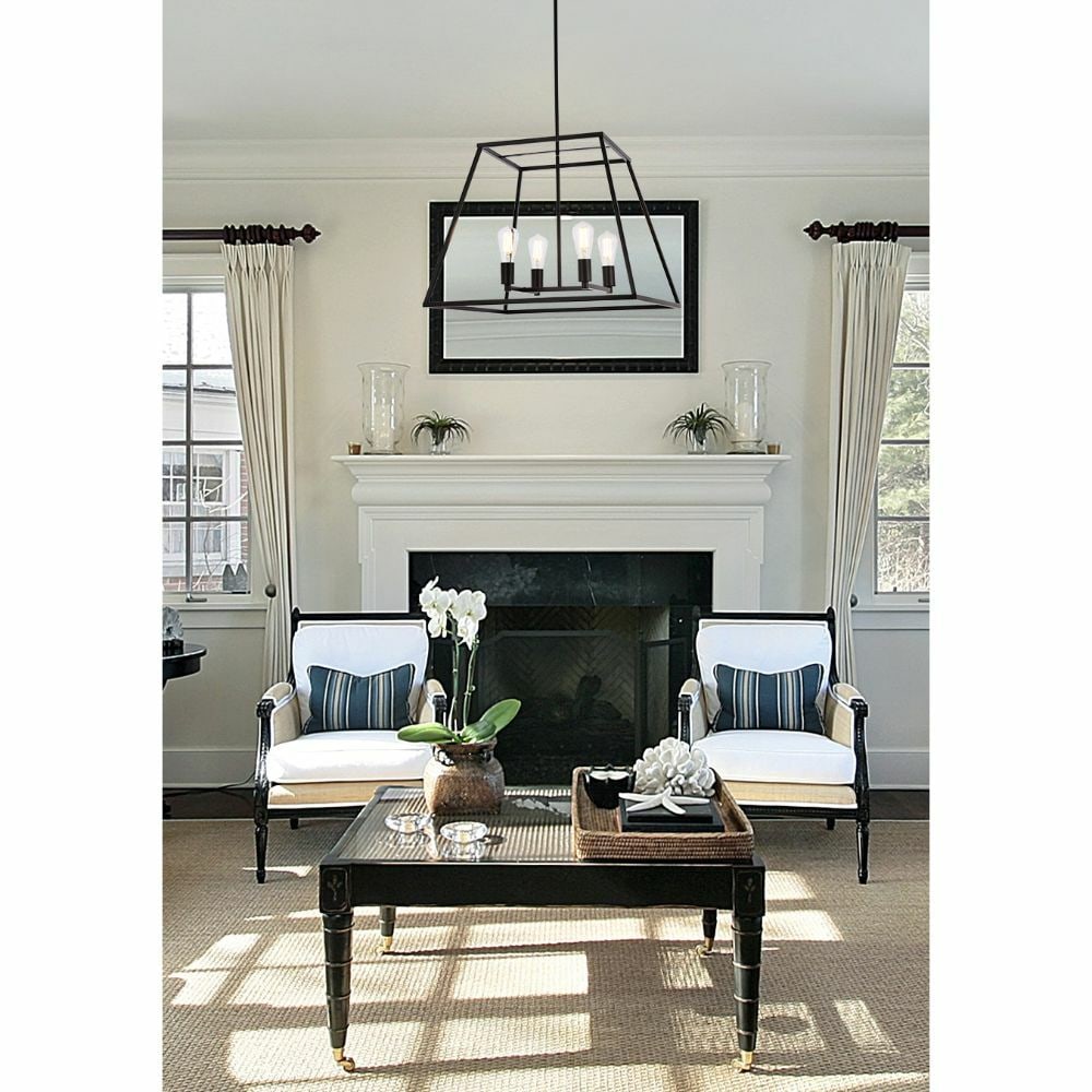Declan 4 Light Black Metal Chandelier for Kitchen or Dining Room 24 Inch Adjustable: Declan 4 Light Black Metal Chandelier for Kitchen or Dining Room 24 Inch Adjustable This modern black chandelier features a trapezoid open lantern shade and is designed for indoor spaces such as dinin