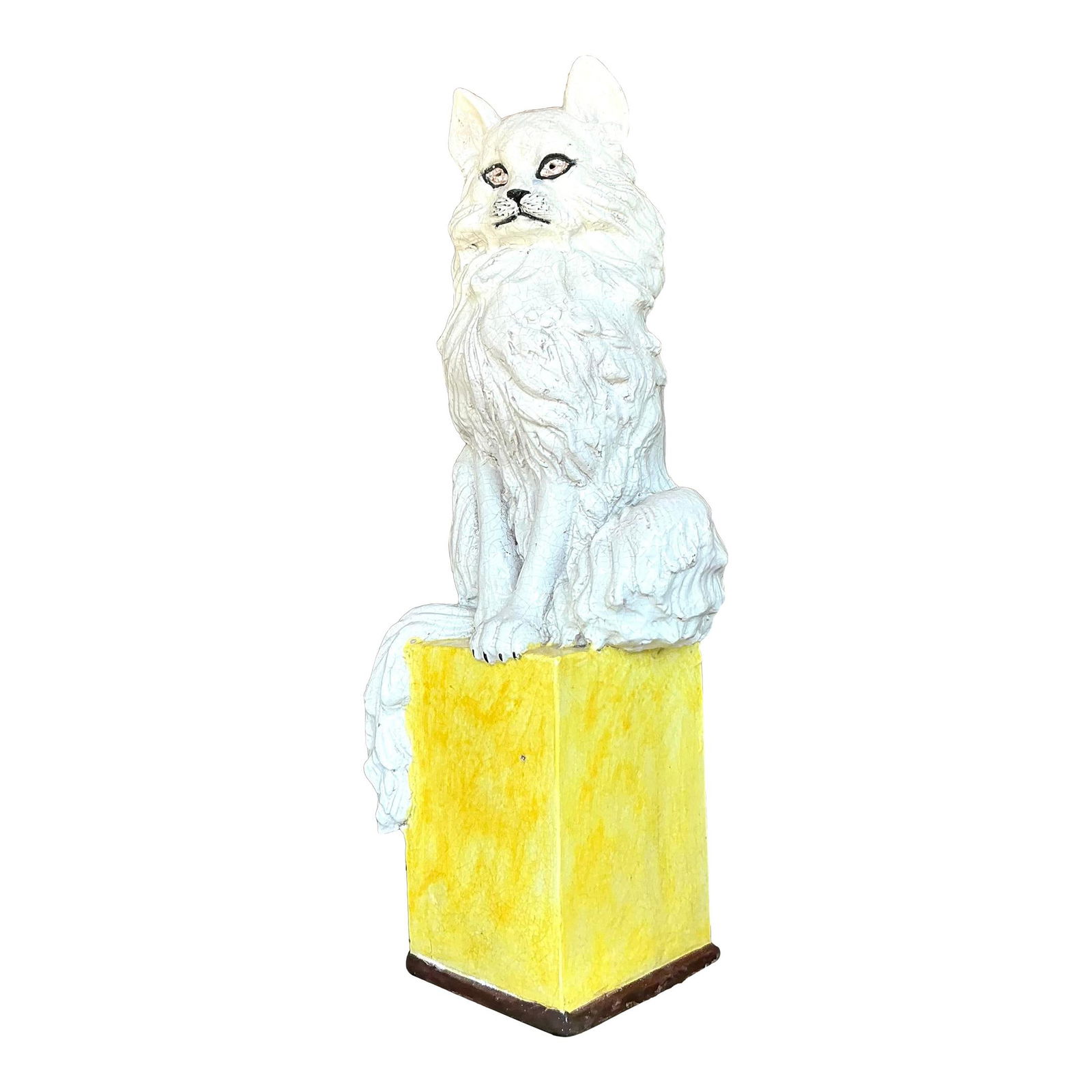 Vintage Italian Ceramic Cat Sculpture on Yellow Pedestal: Vintage Italian Ceramic Cat Sculpture on Yellow Pedestal Introduce whimsical charm to your home with this vintage Italian glazed ceramic cat sculpture. This intricately sculpted feline is elegantly pe