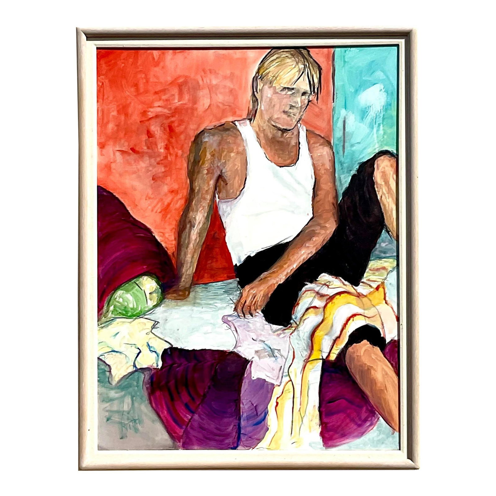 Vintage Boho Signed Oil Portrait of Relaxed Young Man: Vintage Boho Signed Oil Portrait of Relaxed Young Man This exquisite vintage Boho original oil portrait captures a relaxed young man seated among plush pillows, rendered in bright, clear colors. The p