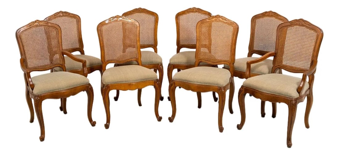 Eight Walnut French Style Cane Back Dining Chairs with Carved Details Set of 8 (1 of 10)