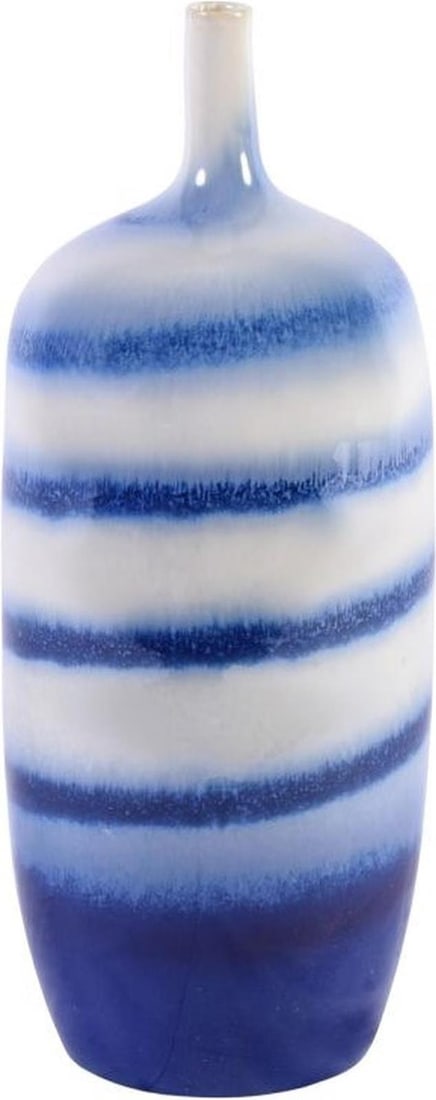 Handmade Chinese Style Blue White Ceramic Vase 10H 8W 8D: Handmade Chinese Style Blue White Ceramic Vase 10H 8W 8D This exquisite blue and white ceramic vase showcases a stunning Chinese style with a unique horizontal striped finish. Handmade with care, it s