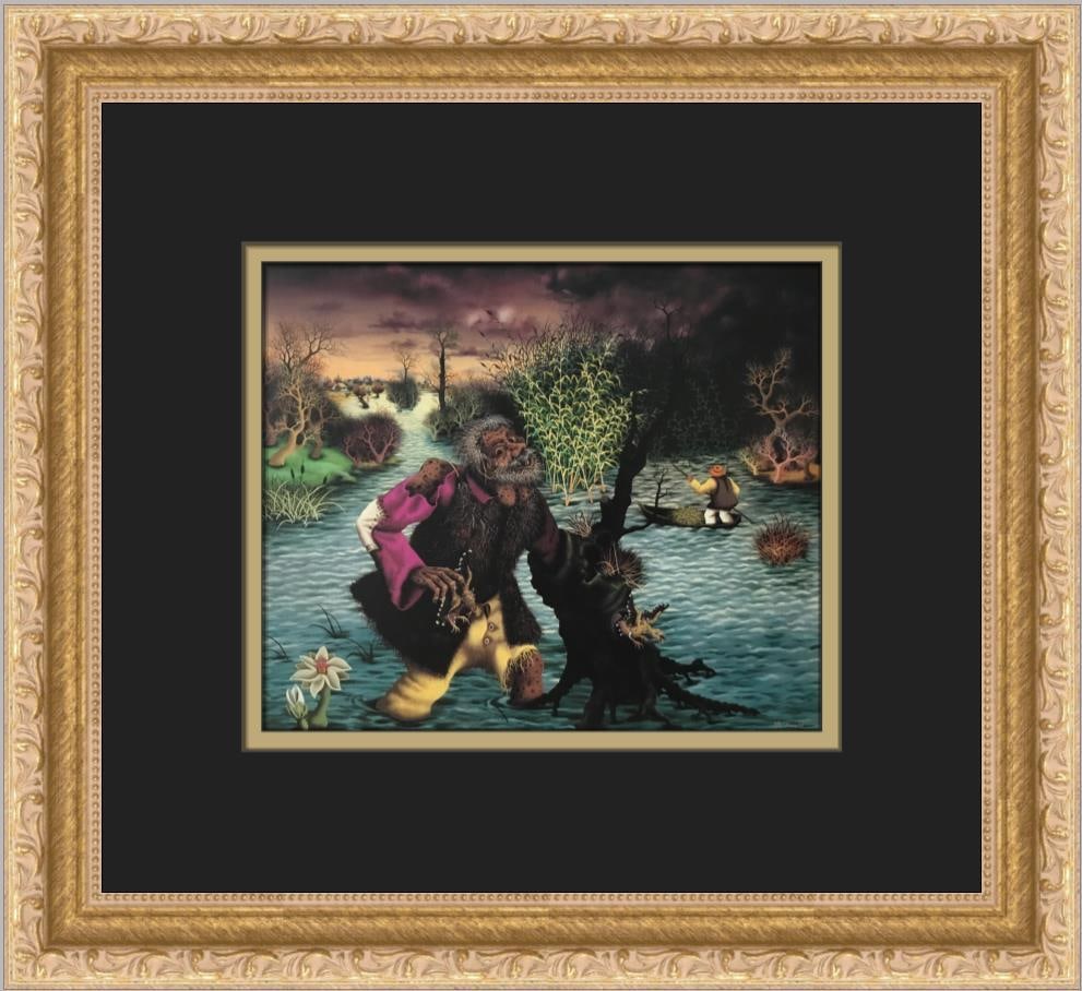 Mijo Kovacic Fowler Custom Framed Surrealist Print Multi-Color Art: Mijo Kovacic Fowler Custom Framed Surrealist Print Multi-Color Art This stunning custom framed print titled 'Fowler' by artist Mijo Kovacic showcases a beautiful surrealist landscape theme, representi