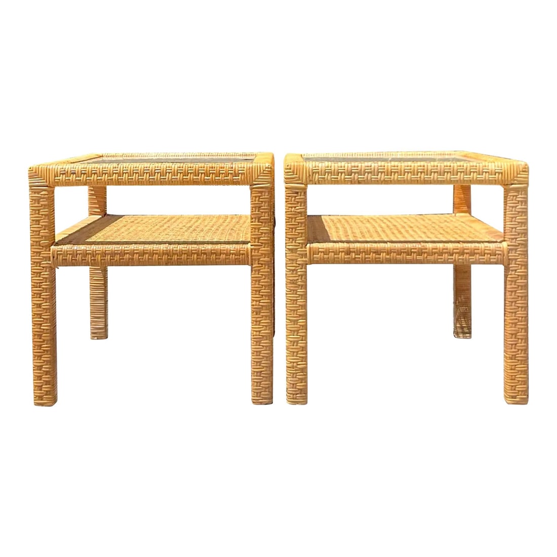 Vintage Coastal Woven Rattan Side Tables Pair of 2 Khaki (1 of 8)