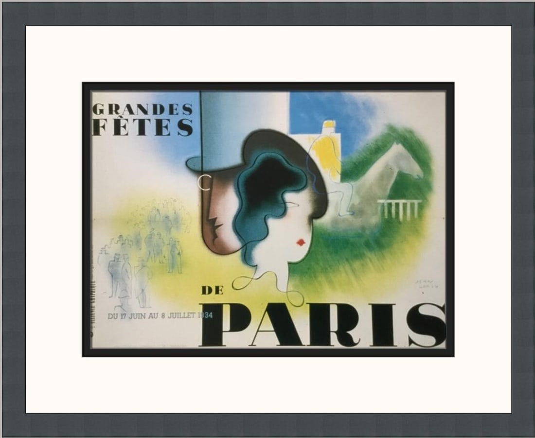 Jean Carlu Grandes Fetes de Paris Art Deco Print Framed 13 x 17: Jean Carlu Grandes Fetes de Paris Art Deco Print Framed 13 x 17 This stunning advertising print titled "Grandes Fetes de Paris" by artist Jean Carlu captures the essence of Art Deco style. Measuring 1