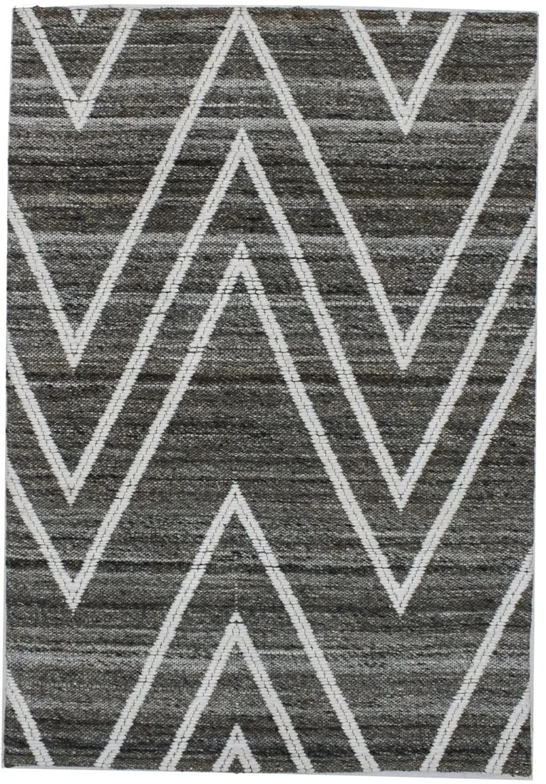Modern Geometric Wool Rug 2x3 Hand-Knotted Brown Charcoal Zigzag Pattern: Modern Geometric Wool Rug 2x3 Hand-Knotted Brown Charcoal Zigzag Pattern This hand-tufted wool rug features a striking zig-zag geometric pattern in shades of dark ginger brown, charcoal, cream, and ot
