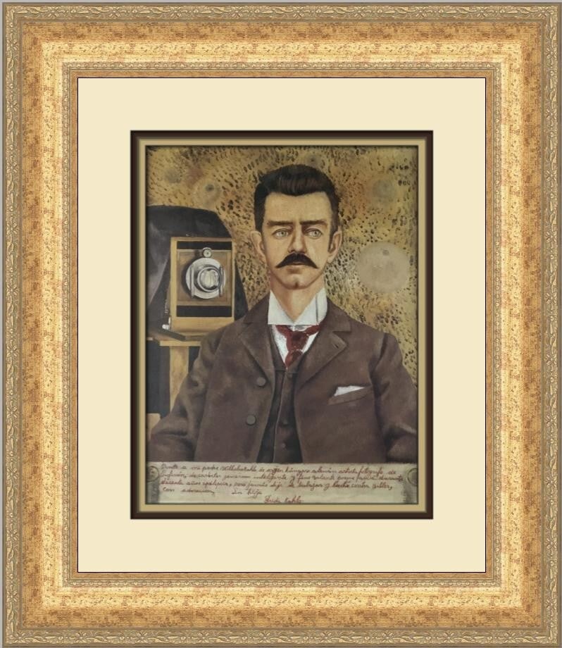 Frida Kahlo Portrait of Wilhelm Kahlo Custom Framed Art Print: Frida Kahlo Portrait of Wilhelm Kahlo Custom Framed Art Print This stunning custom framed print features a portrait of Wilhelm Kahlo, created by renowned artist Frida Kahlo. The artwork is an open edi