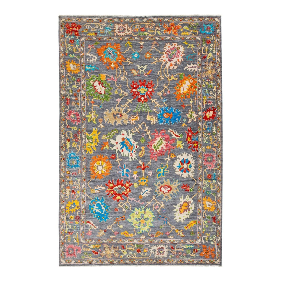 Handcrafted Gray Wool Oushak Rug with Multicolored Floral Design 12'2 x 18'6: Handcrafted Gray Wool Oushak Rug with Multicolored Floral Design 12'2 x 18'6 This handcrafted modern Oushak-style rug combines contemporary aesthetics with the enduring appeal of traditional Oushak de