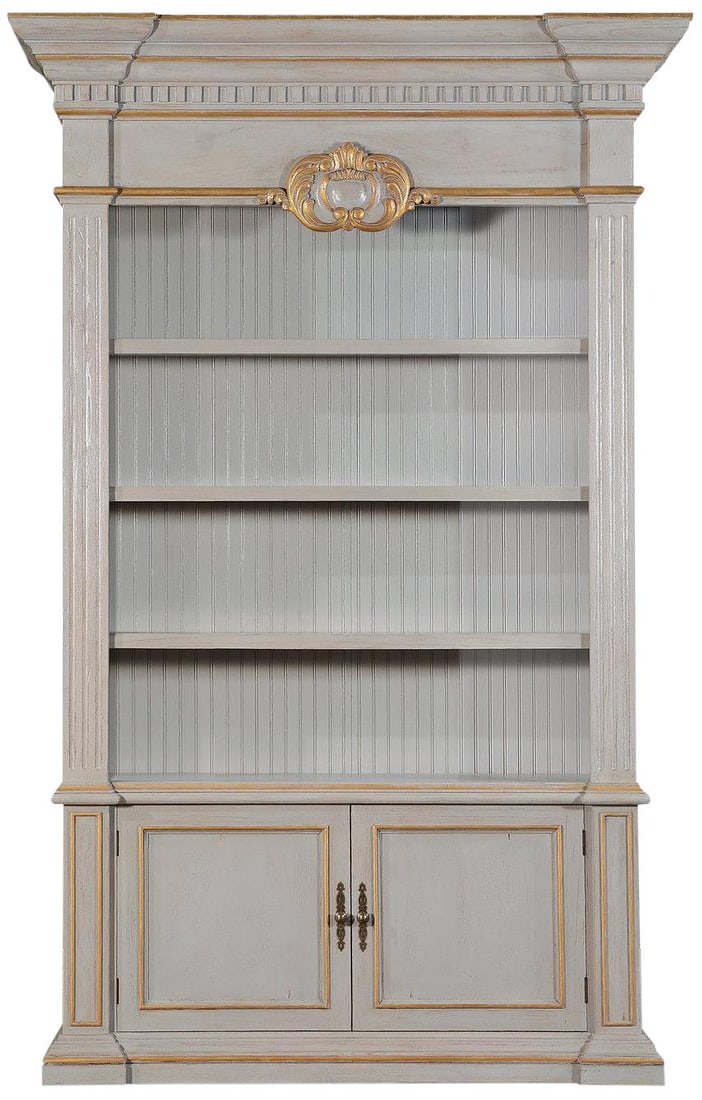 Belize Georgian Style Gray Gold Solid Mango Bookcase: Belize Georgian Style Gray Gold Solid Mango Bookcase Introducing the Belize Antique Style Gray and Gold Bookcase, a stunning piece that combines vintage charm with modern functionality. This elegant w